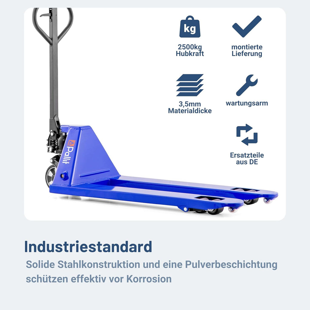 Gabelhubwagen 2500 kg Stahl 1150 mm Gabellänge Palettenwagen mit Gummirollen Handhubwagen Blau FIVE Modell