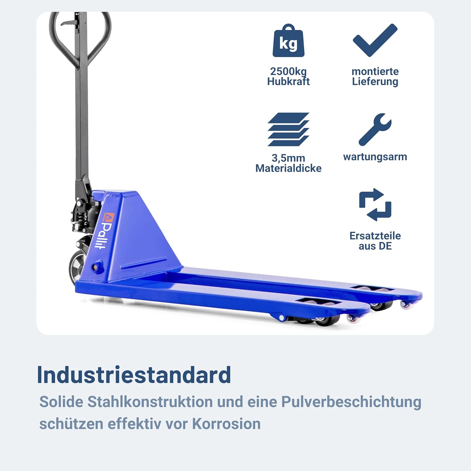 Gabelhubwagen 2500 kg Stahl 1150 mm Gabellänge Palettenwagen mit Gummirollen Handhubwagen Blau FIVE Modell