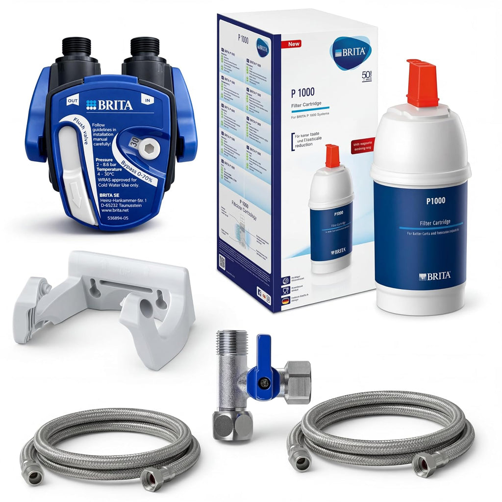 Untertisch Wasserfiltersystem P1000 mit Filterkopf Schläuchen und Eckventiladapter Aktivkohle Filter zur Kalkreduzierung für Trinkwasser