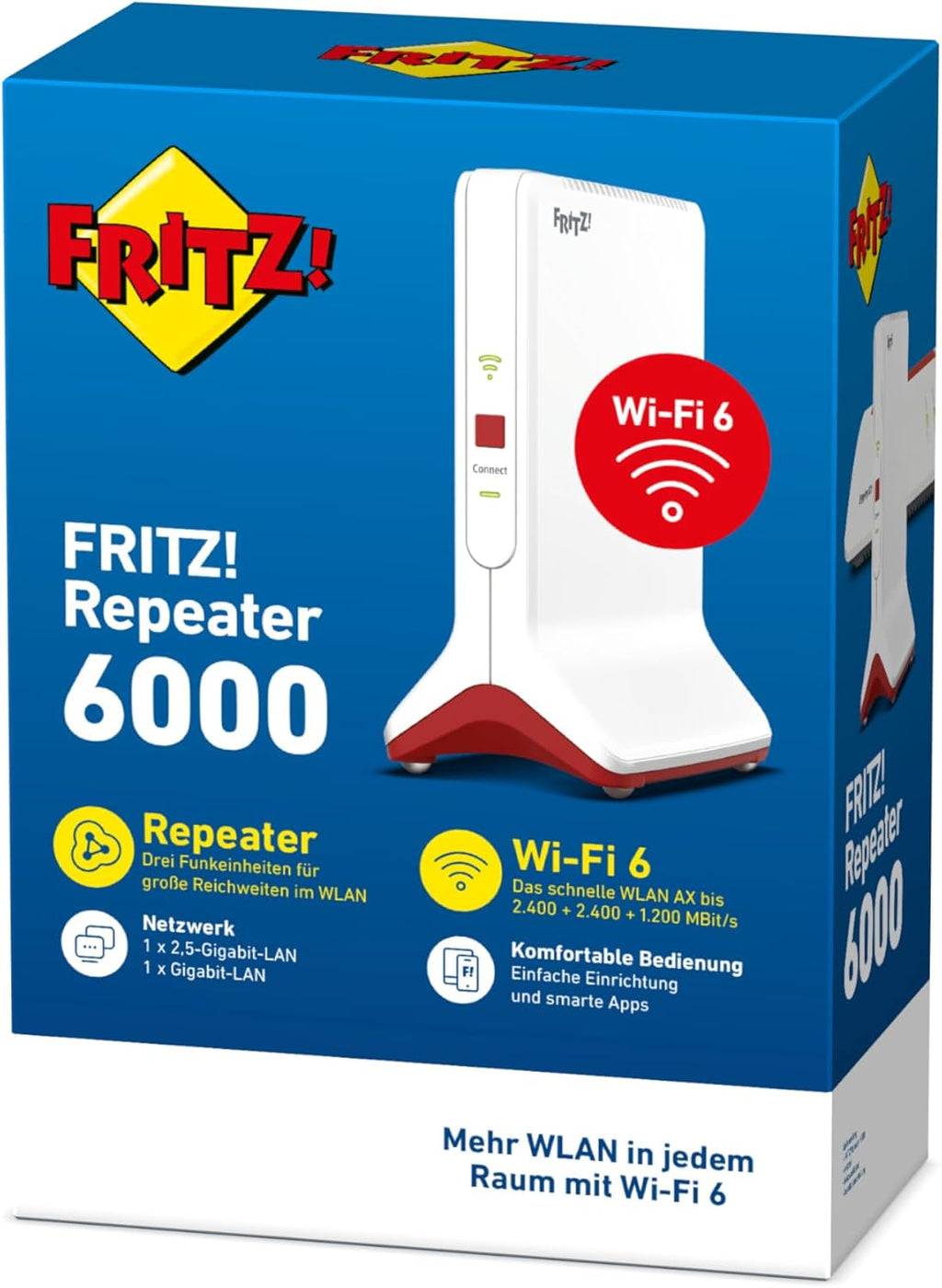 WiFi 6 WLAN Repeater 6000 Tri-Band bis 6000 MBit/s mit 2,5-Gigabit-LAN Mesh WLAN 2,4 GHz und 5 GHz