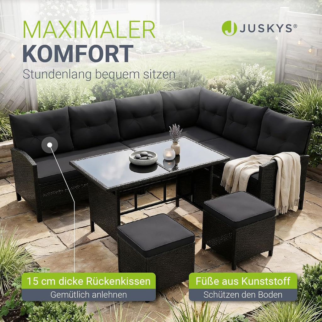 Gartenlounge Set Polyrattan Ecksofa Esstisch 2 Hocker Kissen 5-teilig wetterfest 7 Personen Schwarz Grau