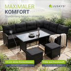 Gartenlounge Set Polyrattan Ecksofa Esstisch 2 Hocker Kissen 5-teilig wetterfest 7 Personen Schwarz Grau