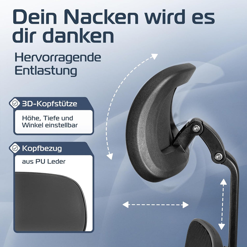Ergonomischer Bürostuhl Drehstuhl CS BLK 150 kg 4D Armlehnen Lendenstütze Kopfstütze Mesh 65x70x130 cm