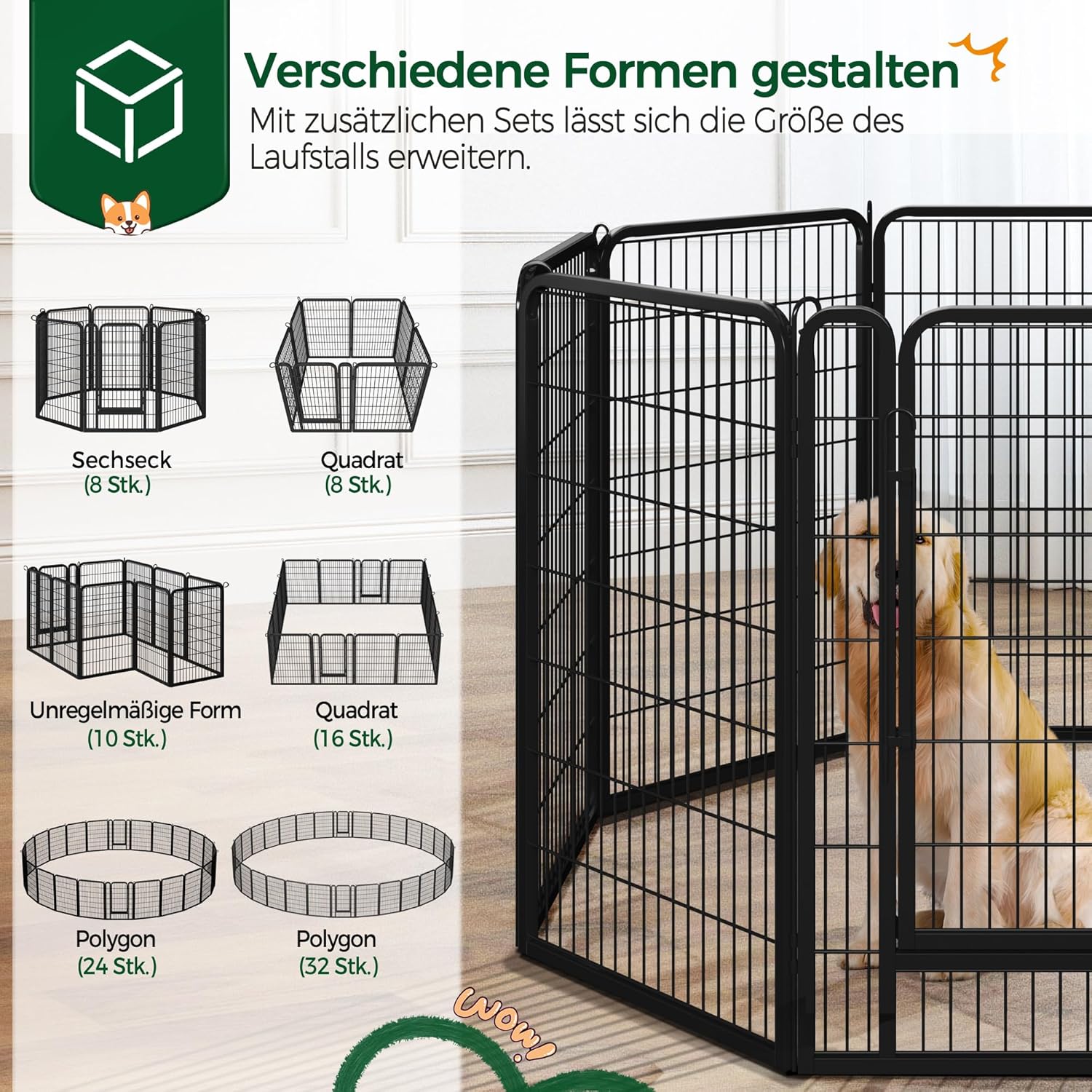 Welpenauslauf Metall 16-teilig 100 cm hoch 2 Türen Faltbar mit automatischer Verriegelung schwarz