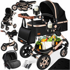 Kinderwagen 4 in 1 Kombi Set mit Babywanne Buggy und Autositz ECE R129 Aluminium Rahmen Luftreifen faltbar Schwarz Champagne