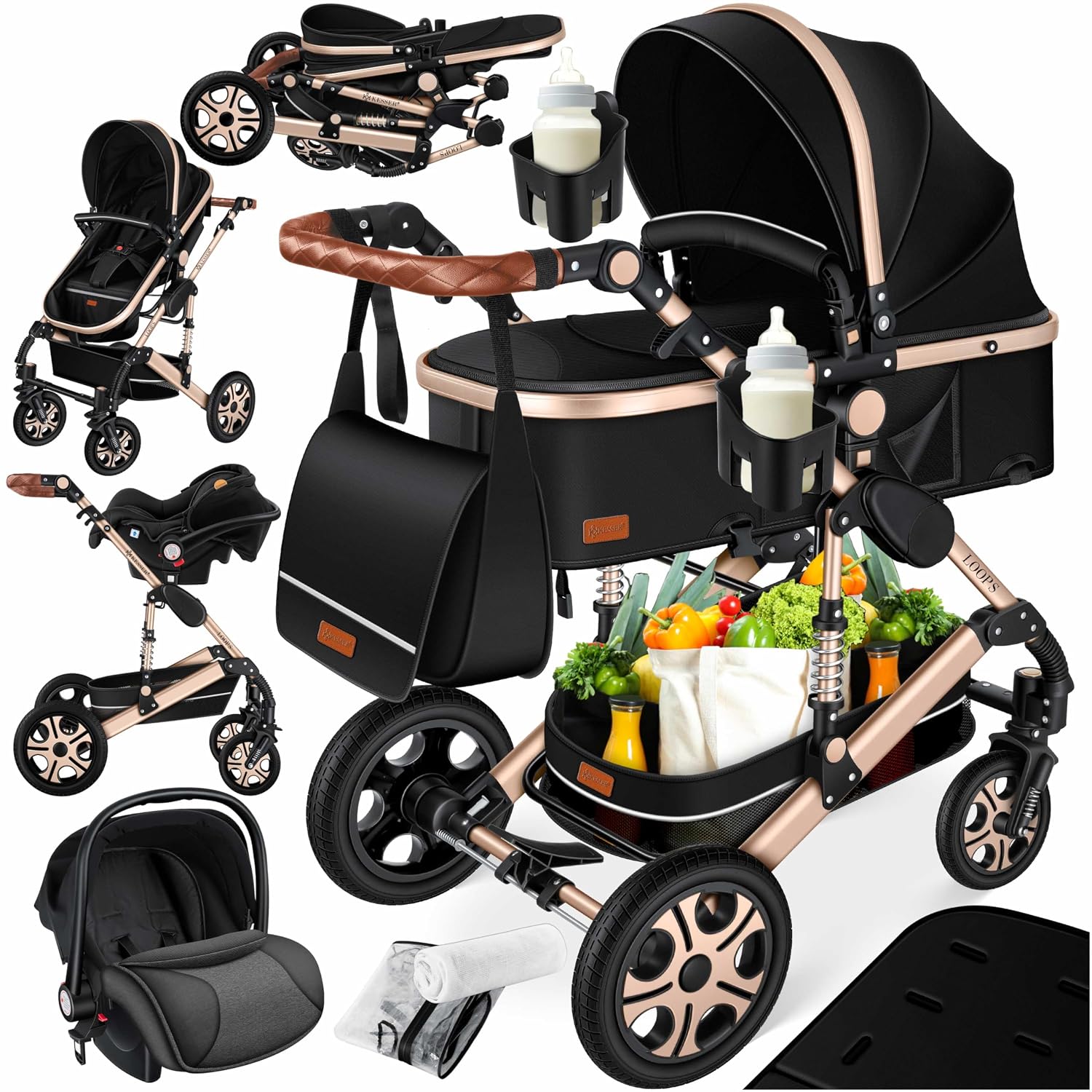 Kinderwagen 4 in 1 Kombi Set mit Babywanne Buggy und Autositz ECE R129 Aluminium Rahmen Luftreifen faltbar Schwarz Champagne