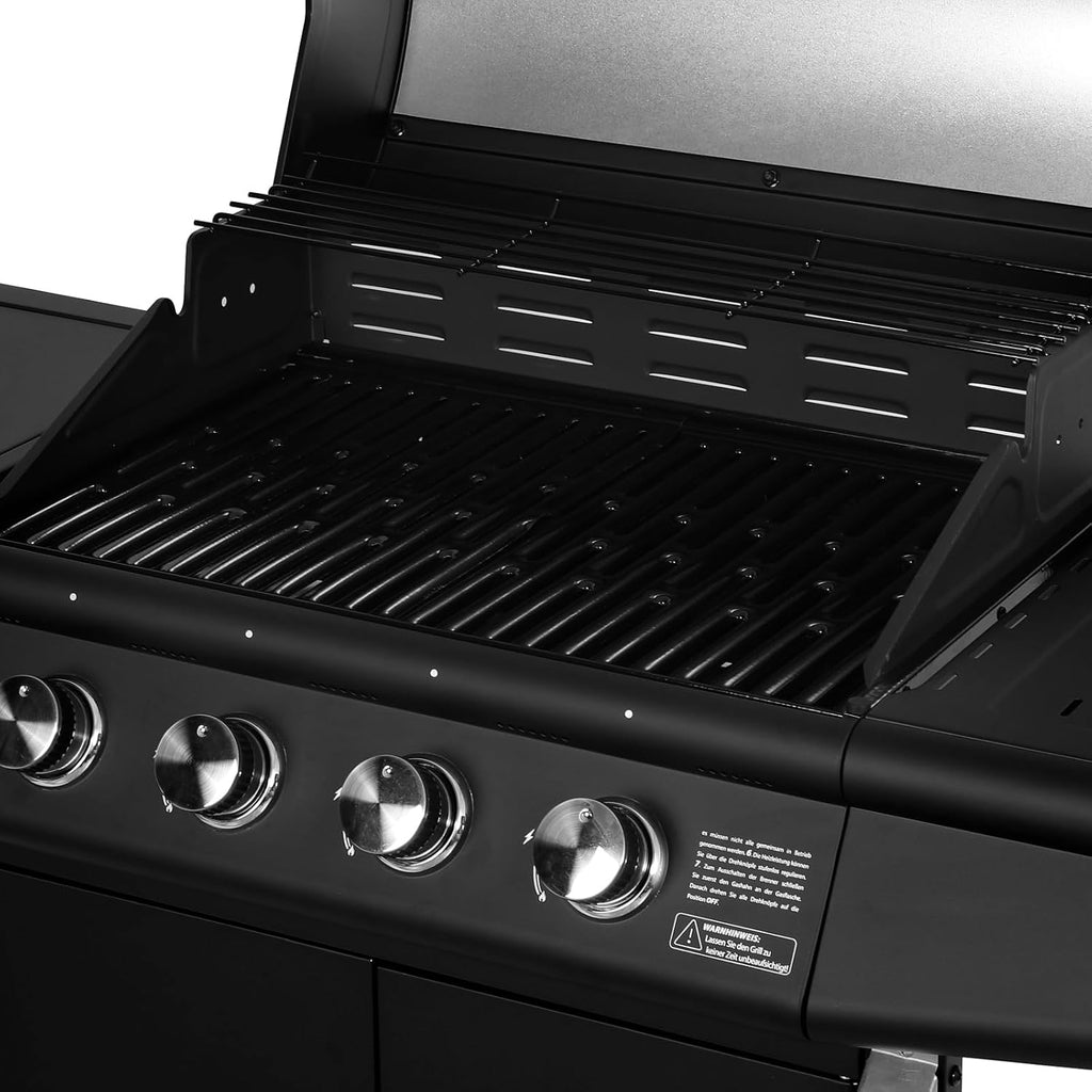 Gasgrill Grillwagen 4+1 Brenner RED 4 Hauptbrenner 1 Seitenkocher Edelstahl Grillfläche 61x42cm freistehend Schwarz