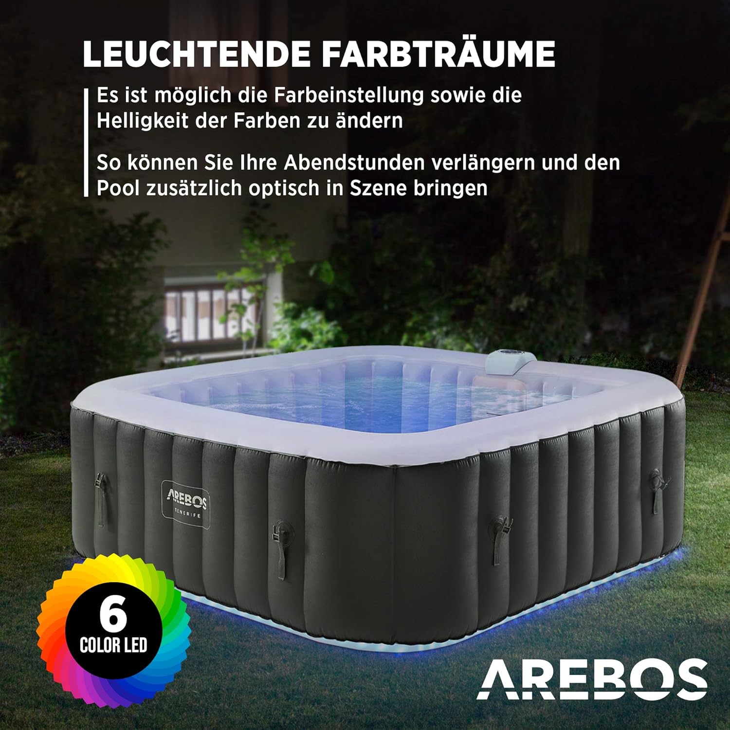Spa Whirlpool Tenerife 185x185cm 910L 2400W mit 130 Massagedüsen LED-Beleuchtung und Abdeckung für 6 Personen