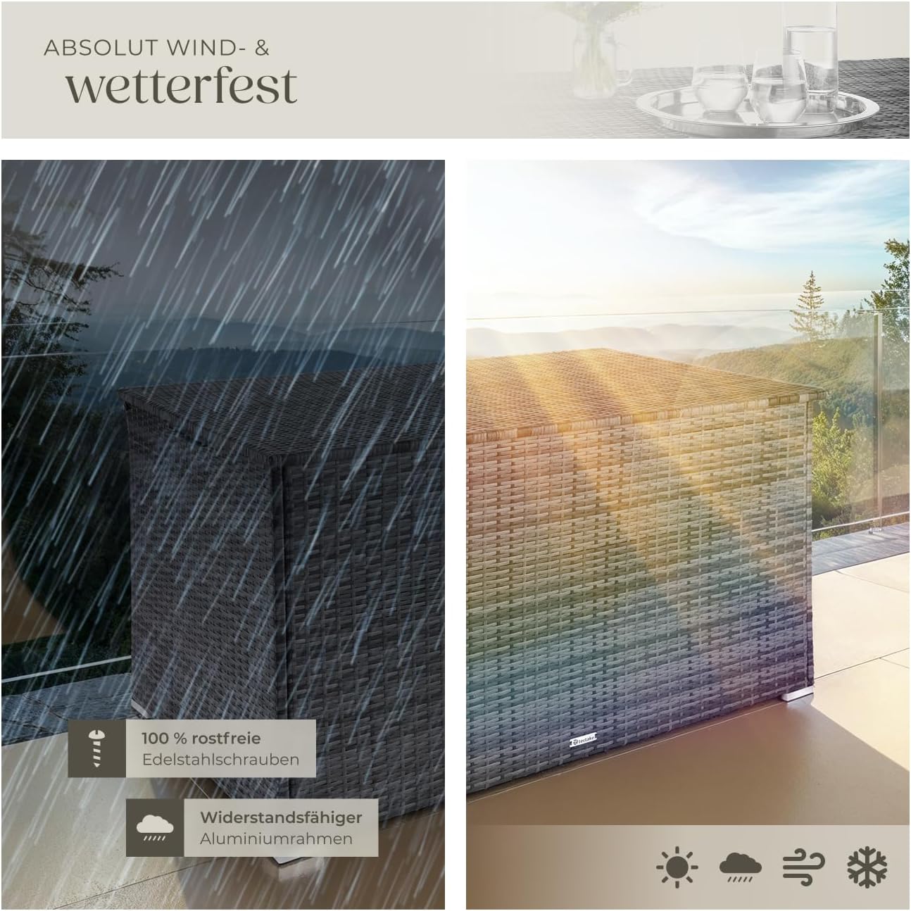 Garten Aufbewahrungsbox 404245 aus Polyrattan und Aluminium 750 L wetterfest UV-beständig 145 x 82,5 x 79,5 cm mit Gasdruckfedern