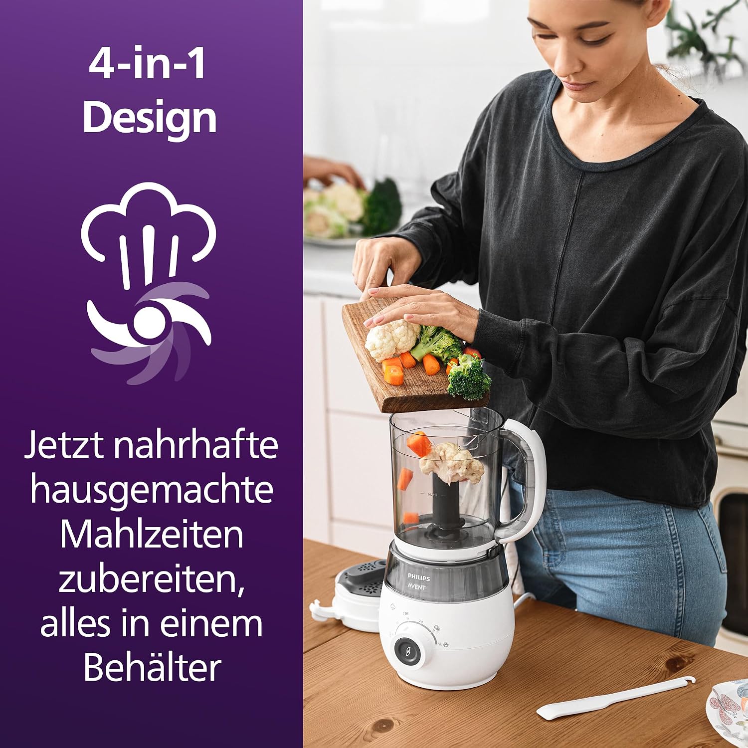 Babynahrungszubereiter 4 in 1 Dampfgarer mit Mixer SCF883/01 400W Dampfgaren Pürieren Auftauen Aufwärmen 1L Weiß