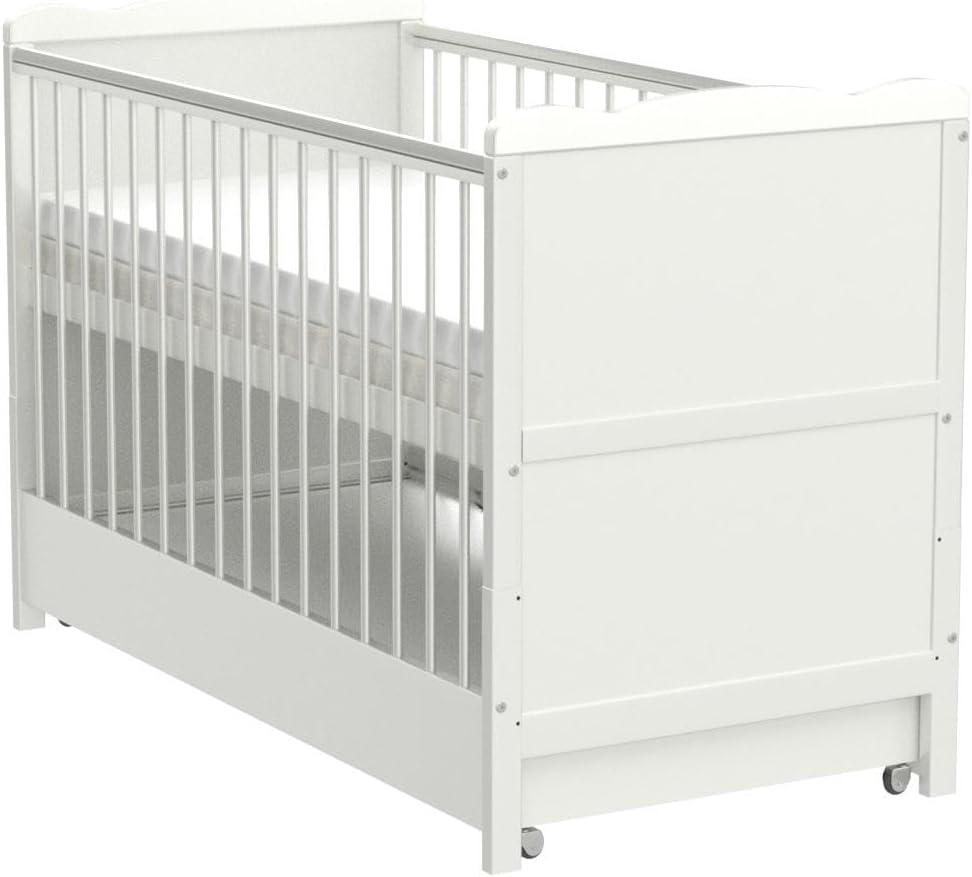 Babybett mit Schublade höhenverstellbar 120x60 cm umbaubar zum Juniorbett mit Matratze und Zahnschienen Weiß