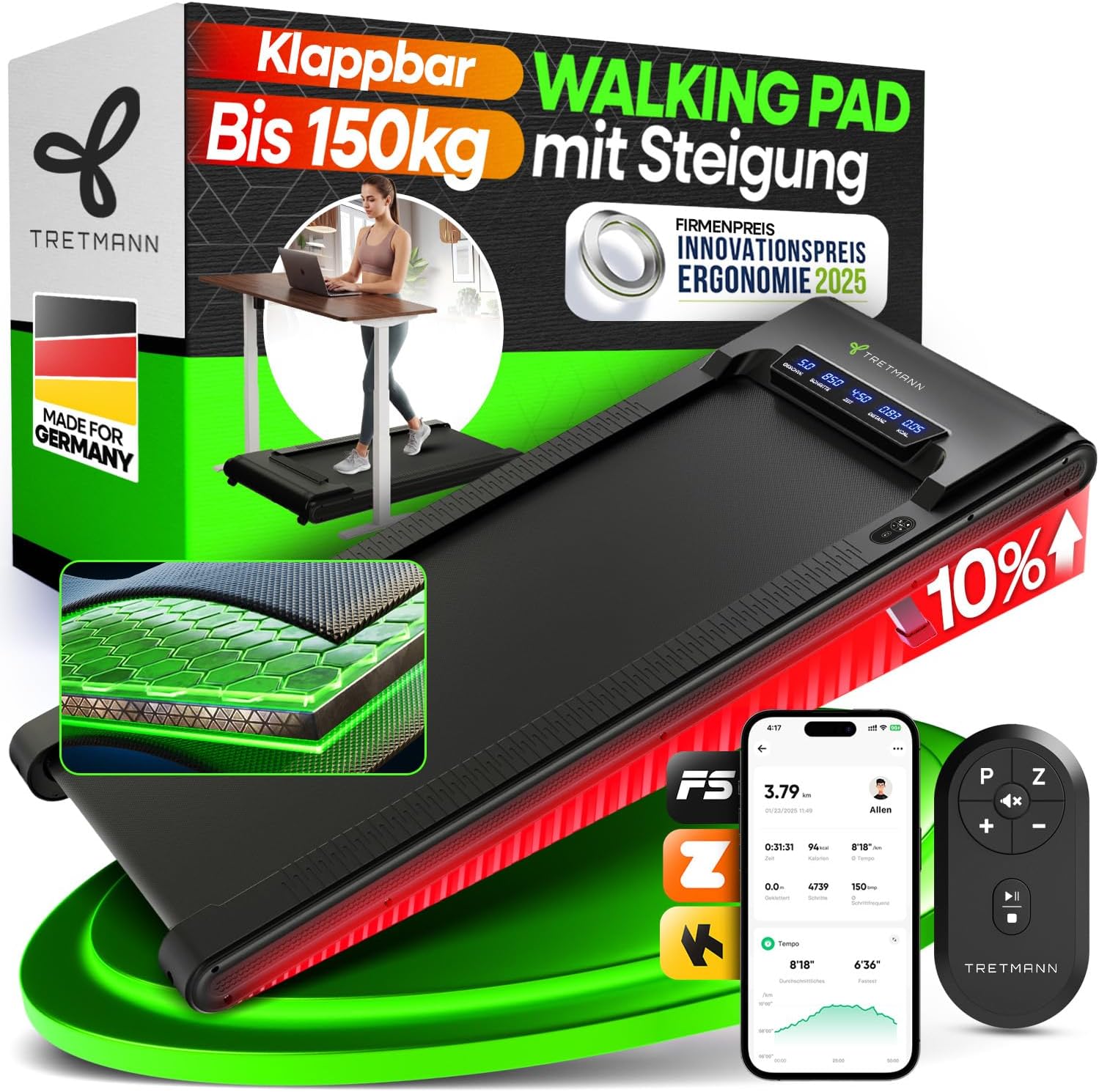 Walking Pad Pro Laufband klappbar mit 10 % Steigung 150 kg Tragkraft Bluetooth App 6 km/h