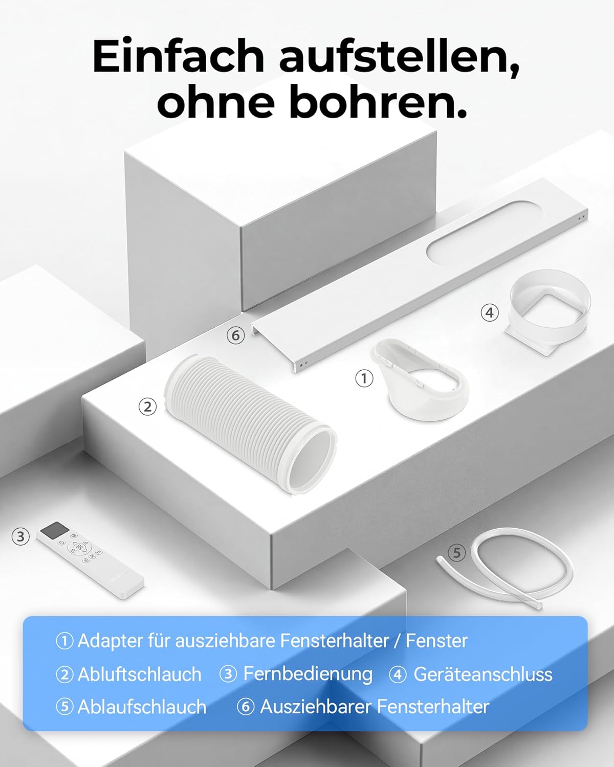 Mobile Klimaanlage mit Abluftschlauch 55 dB 5-in-1 Kühl und Entfeuchtungsfunktion inklusive Fensterabdichtung