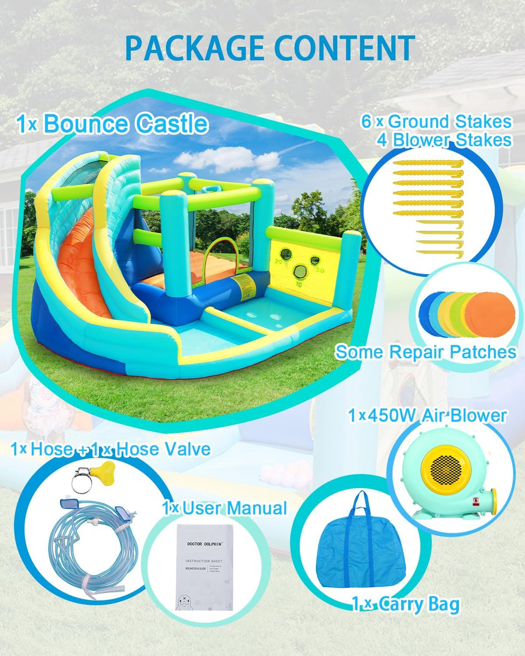 Hüpfburg mit Gebläse Wasserspielcenter 360 x 340 x 218 cm PVC Schloss mit Rutsche Kletterwand und Basketballkorb