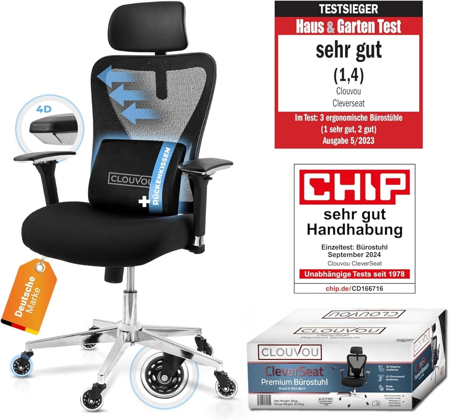 Ergonomischer Bürostuhl Drehstuhl CS BLK 150 kg 4D Armlehnen Lendenstütze Kopfstütze Mesh 65x70x130 cm