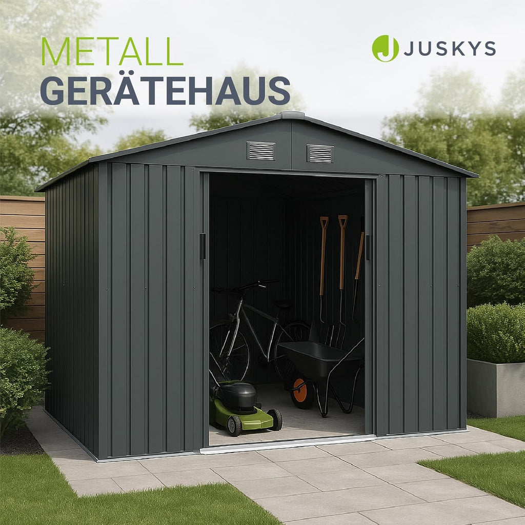 Gartenhaus Metall Schiebetür XL 280 x 196 x 190 cm wetterfest mit Fundamentrahmen und Schloss Dunkelgrau