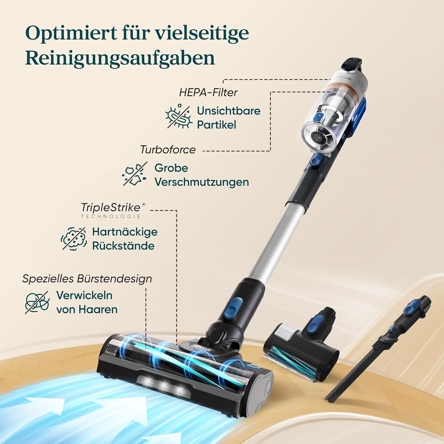 Akku-Staubsauger LVAC-300 PET mit Anti-Tangle Bürste 60 Min Laufzeit HEPA-Filtersystem Mini-Motorbürste selbststehend Blau