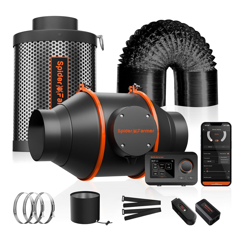 100mm Rohrventilator Abluftset mit Aktivkohlefilter Temperatur Feuchtigkeitssensor 350m³/h Growbox Set