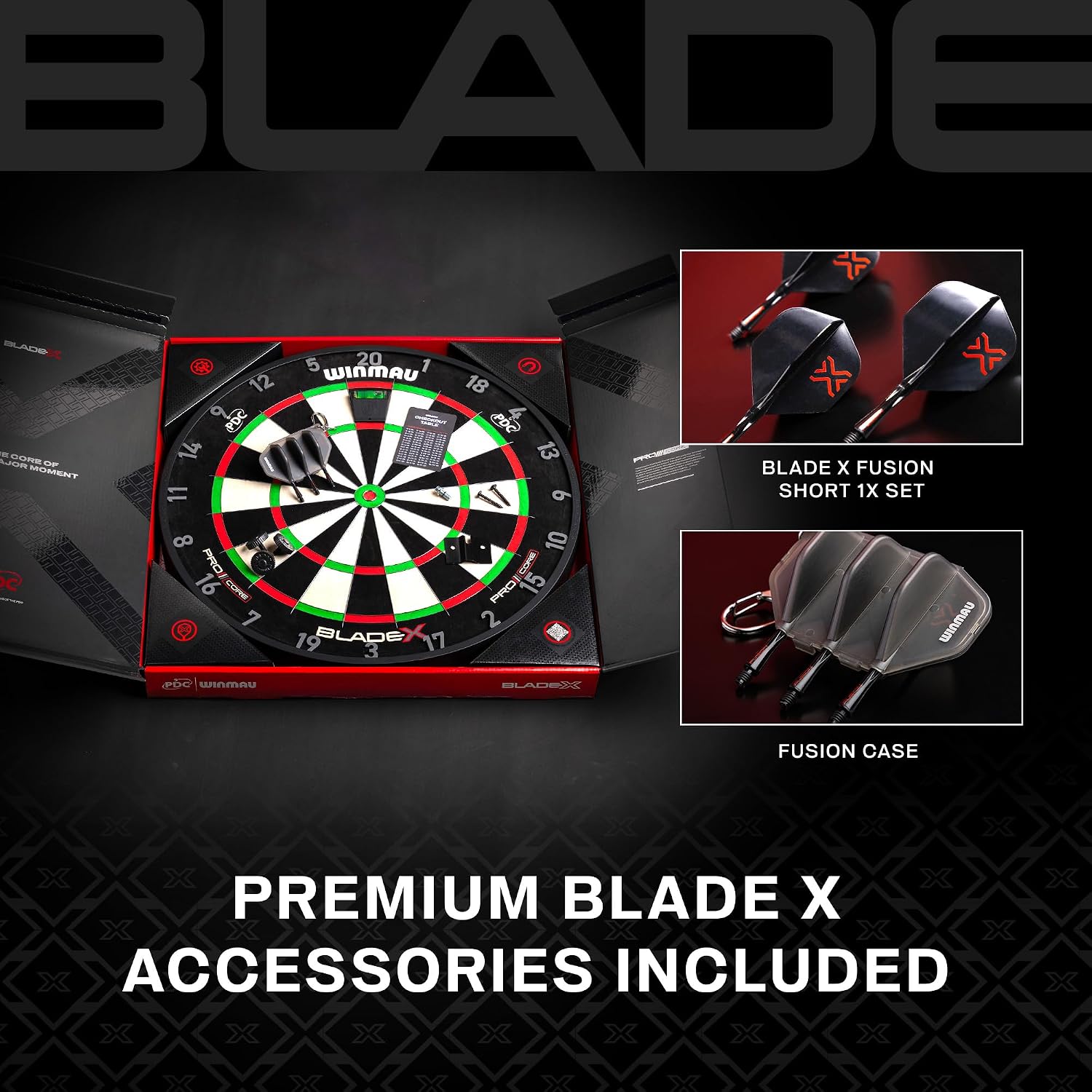 Steeldartscheibe Blade X Pro Core 3061 aus Sisal 48 x 48 cm mit Rota-Lock Montage Flights und Case