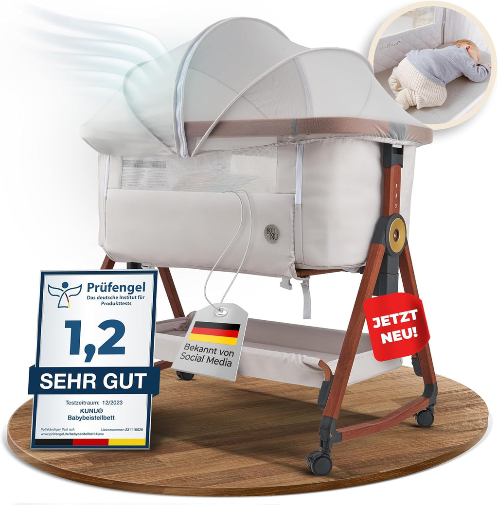 Baby Beistellbett 3in1 KUNU-Bett-02 höhenverstellbar 93x58 cm mit Rollen Stubenwagen Reisebett mit Matratze und Tasche