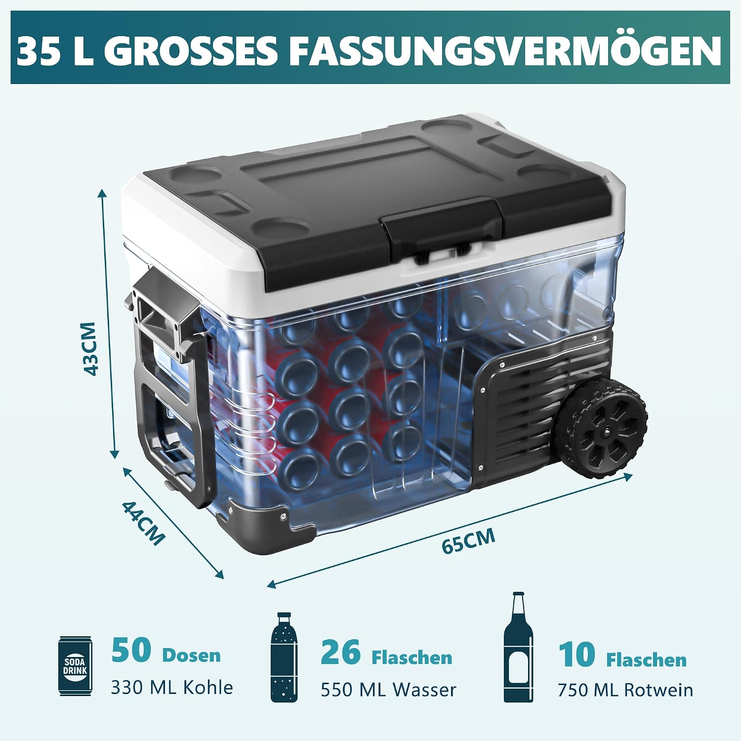 Kompressor Kühlbox 35L Auto Kühlschrank 12V 24V 220V -20 bis 20°C mit App Steuerung Rollen für Camping