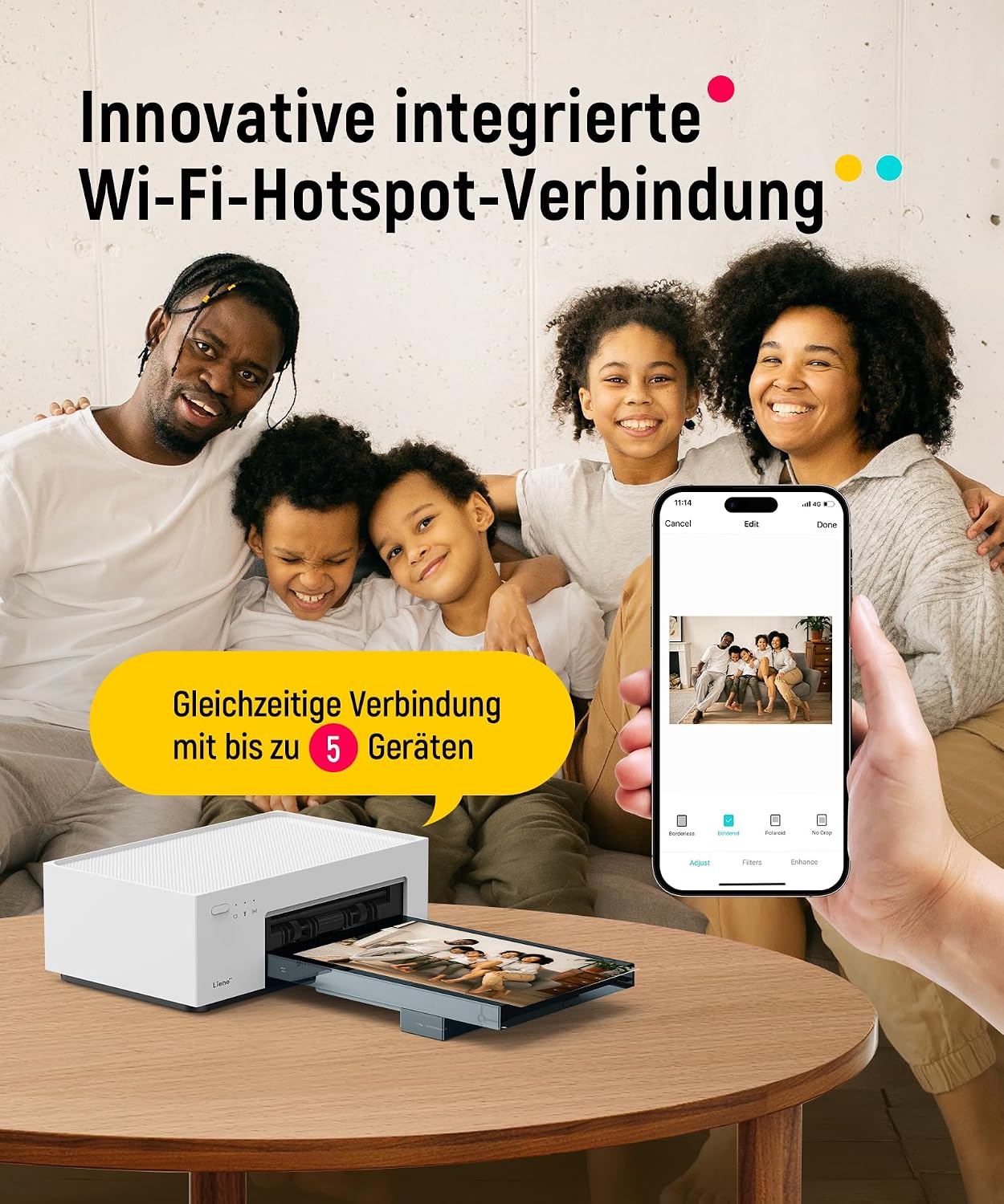 Fotodrucker 10x15 cm tragbar DHP513 Farbstoffsublimation 300 DPI WLAN USB kompatibel mit Smartphone PC inkl Fotopapier und Patrone