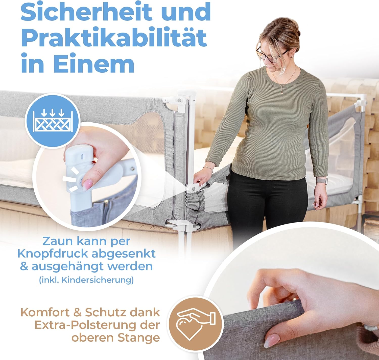 Rausfallschutz Bettgitter Set PS_1313 für Boxspringbett und Familienbett 180x200 cm 3 Bettgitter mit Zwischenraumschutz