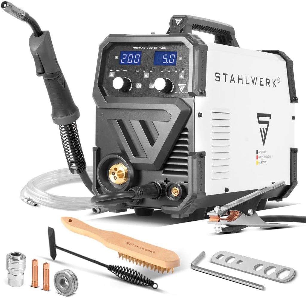 MIG MAG Schweißgerät 200A IGBT Inverter FLUX Lift TIG MMA synergischer Drahtvorschub 230V Metall