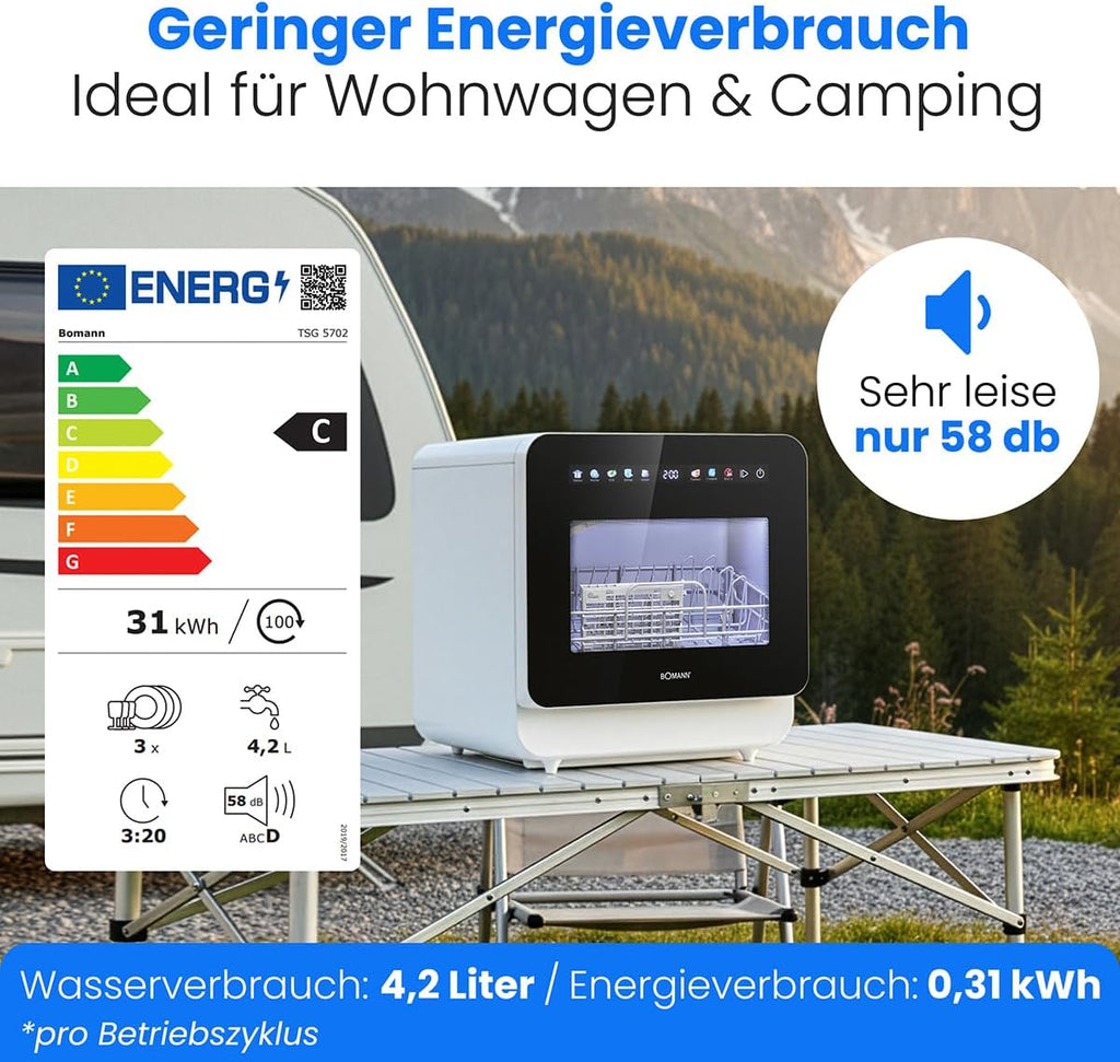 Tischgeschirrspüler mit Tank TSG 5702 6 Programme 3 Maßgedecke 5 Liter Kapazität 58 dB freistehend ohne Wasseranschluss nutzbar