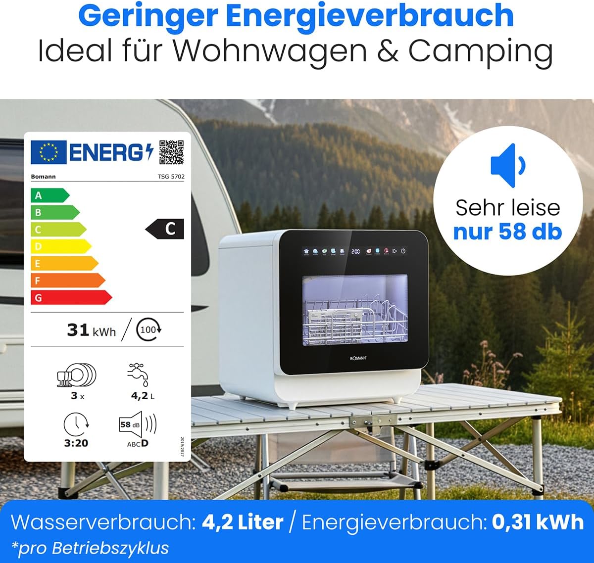 Tischgeschirrspüler mit Tank TSG 5702 6 Programme 3 Maßgedecke 5 Liter Kapazität 58 dB freistehend ohne Wasseranschluss nutzbar
