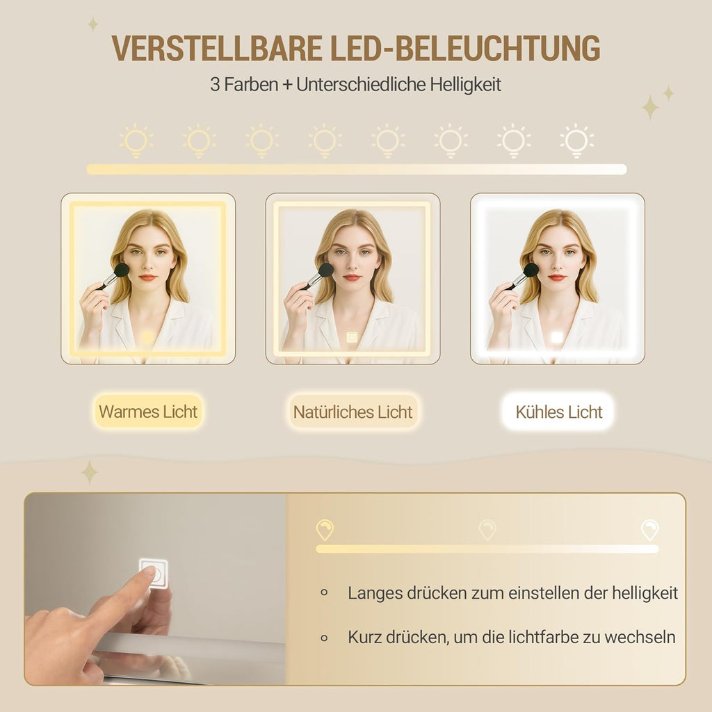 Schminktisch mit LED Spiegel DT41903W 108 x 40 x 140 cm 9 Schubladen 3 Lichtfarben mit Stauraum