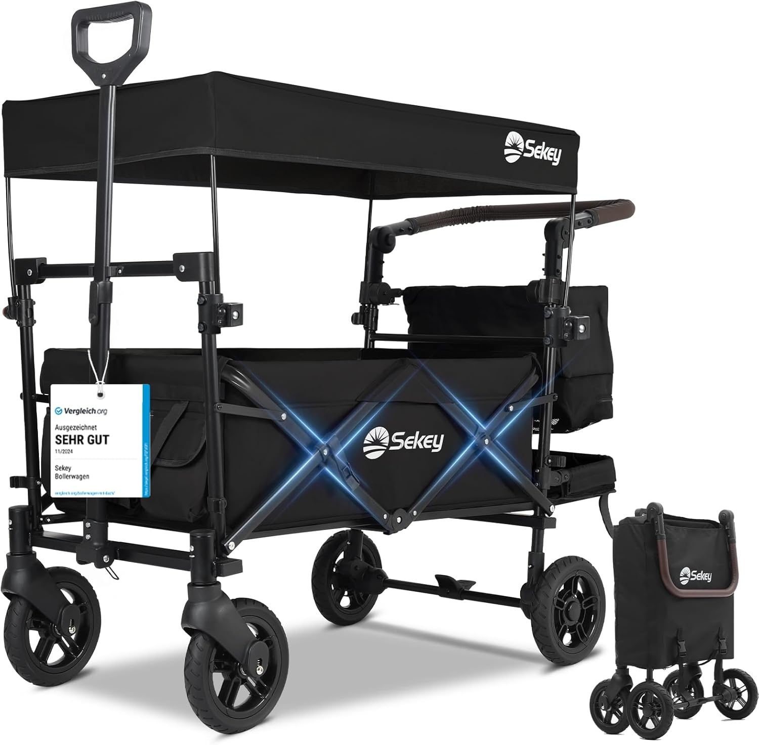 Faltbarer Bollerwagen mit Dach SS5050 110L PU Räder mit Bremsen 100kg Traglast Schiebegriff Kinder Transportwagen