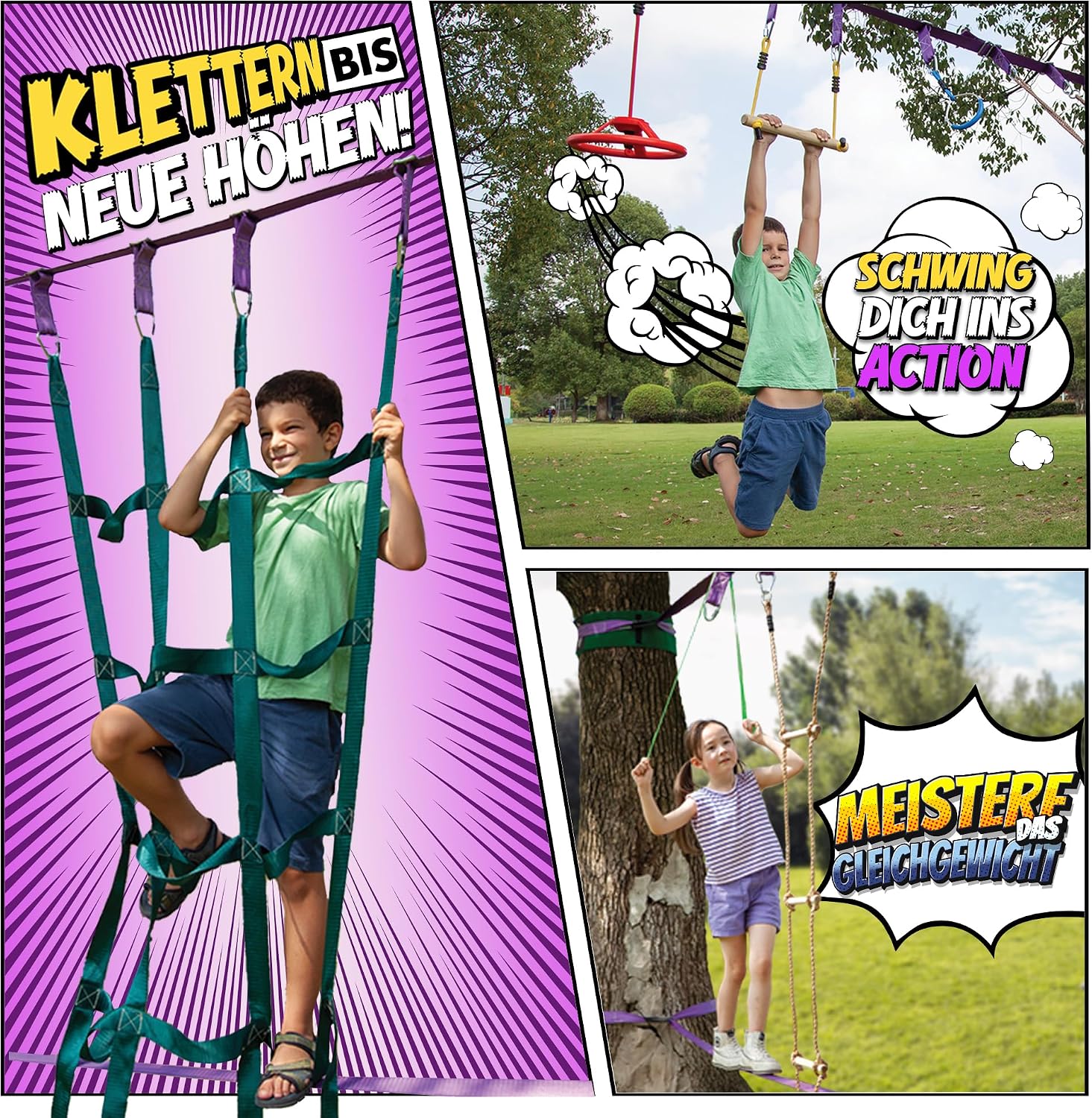 Ninja Hindernisparcours für Kinder Slackline Set 16,8 m mit Kletternetz Seilleiter Gymnastikringen Outdoor Trainingsgerät