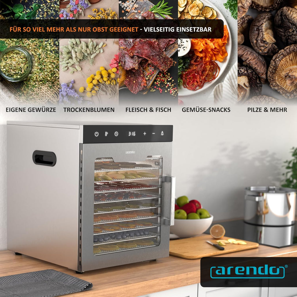 Dörrautomat Edelstahl 10 Etagen 800 W 30–90°C mit Timer Umluftfunktion 8400 cm² Dörrfläche
