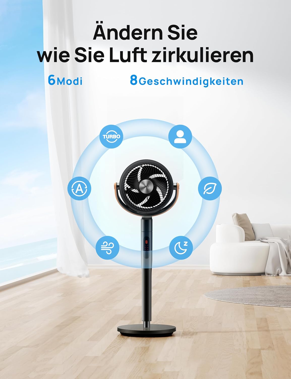 Standventilator PolyFan 513S oszillierend 25 dB 120°+105° Oszillation Fernbedienung 8 Geschwindigkeiten 6 Modi 1650 m³/h Luftleistung