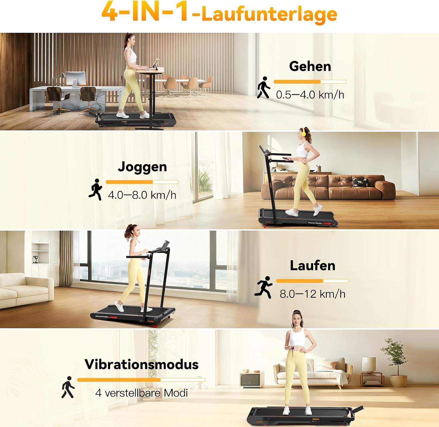 Schreibtisch Laufband 0,5–12 km/h mit 6 % Steigung 750 W App Steuerung Fernbedienung und Vibrationsmodi