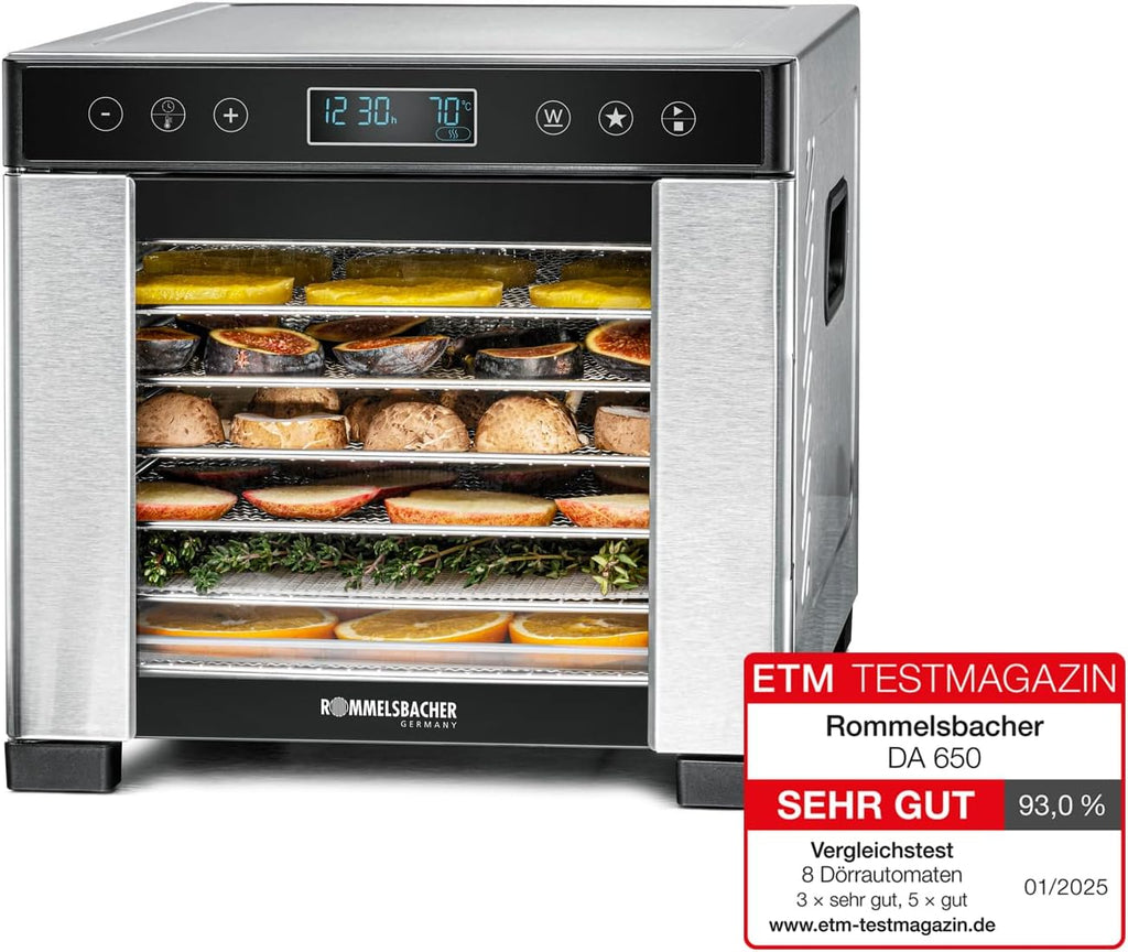 Dörrautomat DA 650 600W 7 Edelstahl-Tabletts 0,5 m² Dörrfläche Temperatur 35–75°C 99h Timer LCD Display
