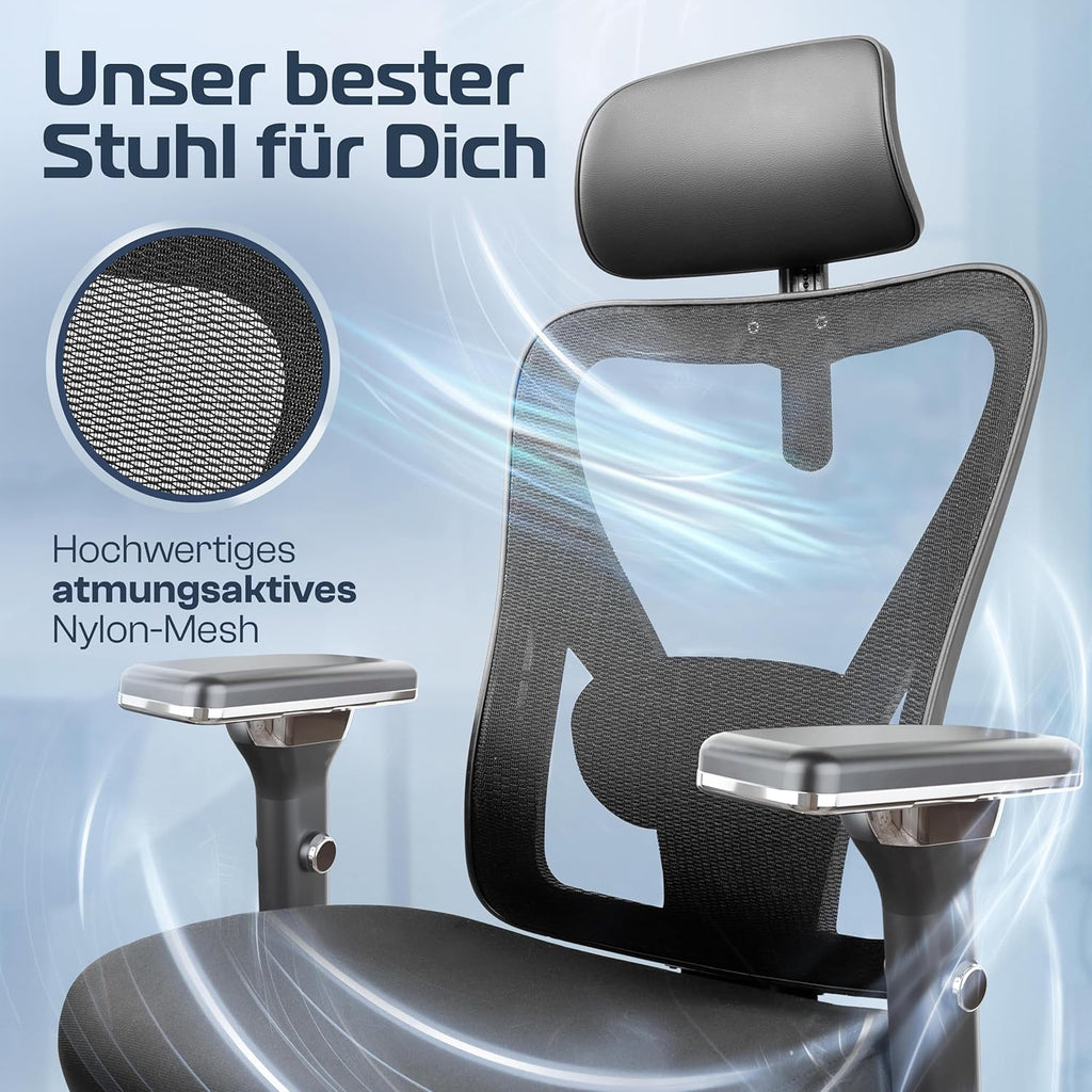 Ergonomischer Bürostuhl Drehstuhl CS BLK 150 kg 4D Armlehnen Lendenstütze Kopfstütze Mesh 65x70x130 cm