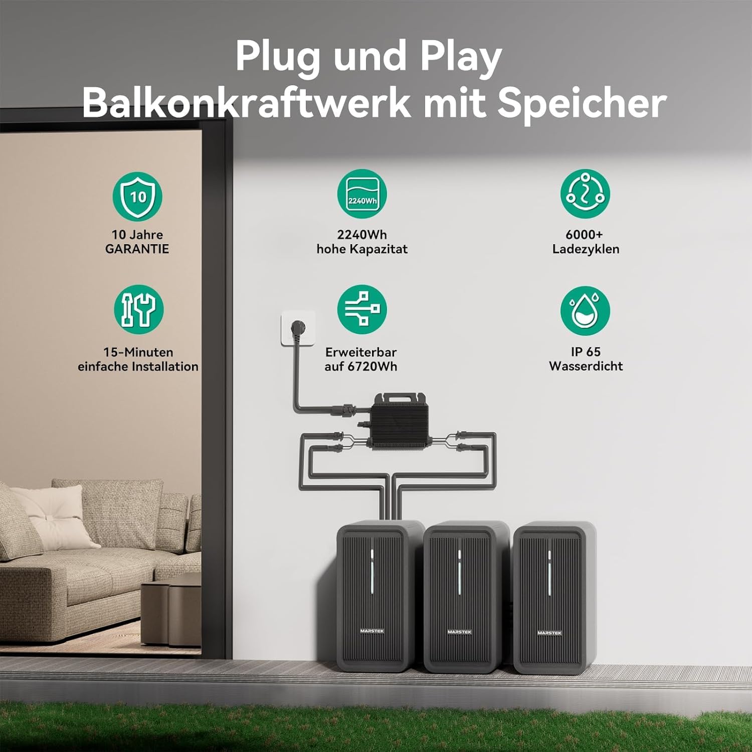 Energiespeicher B2500D für Balkonkraftwerk LiFePO4 Akku 2240Wh 6000 Ladezyklen erweiterbar IP65 MC4-kompatibel