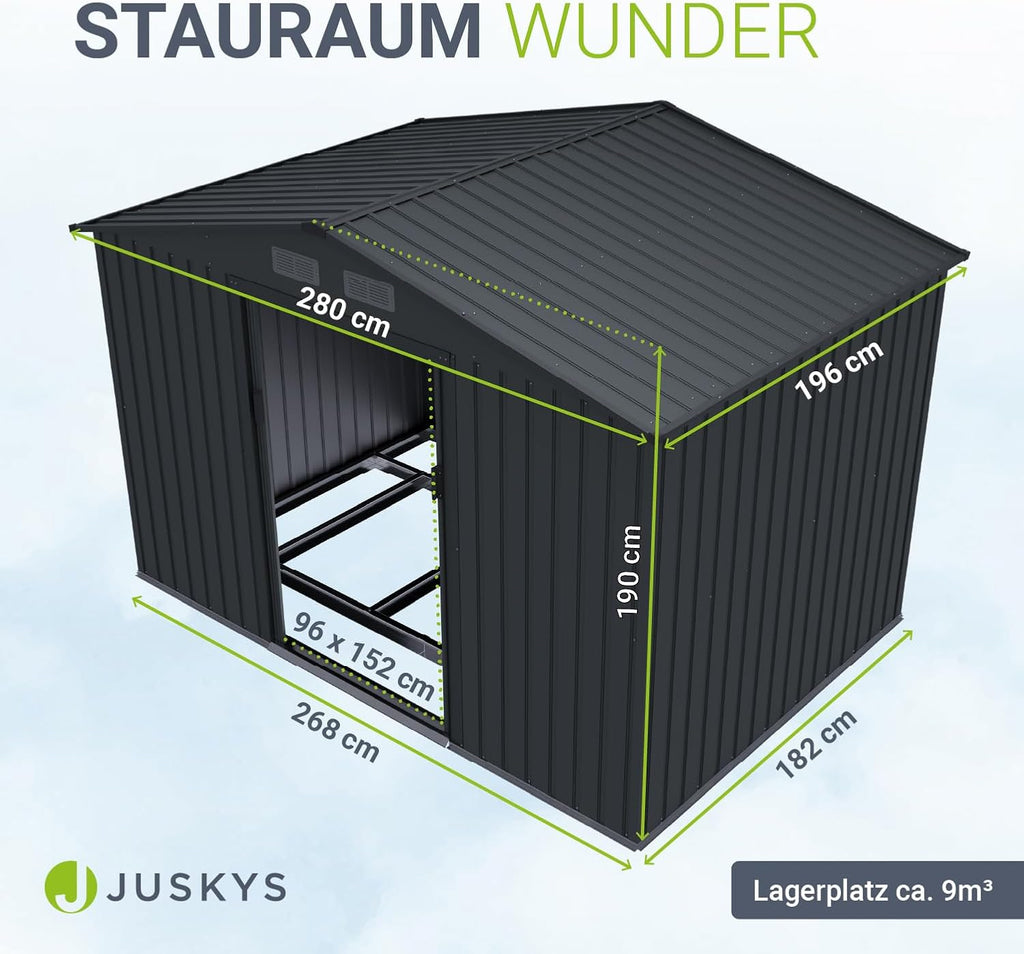 Gartenhaus Metall Schiebetür XL 280 x 196 x 190 cm wetterfest mit Fundamentrahmen und Schloss Dunkelgrau