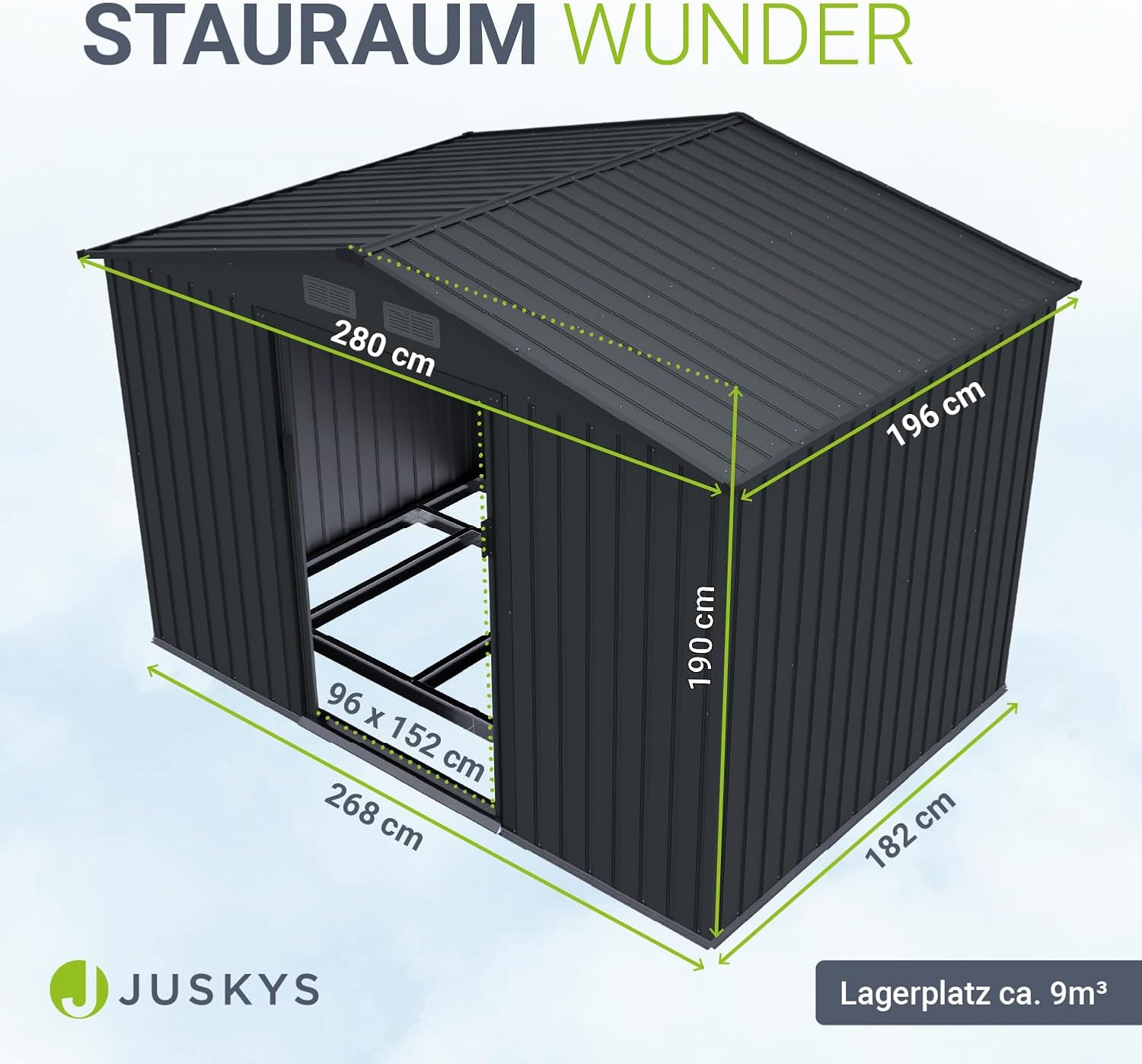 Gartenhaus Metall Schiebetür XL 280 x 196 x 190 cm wetterfest mit Fundamentrahmen und Schloss Dunkelgrau