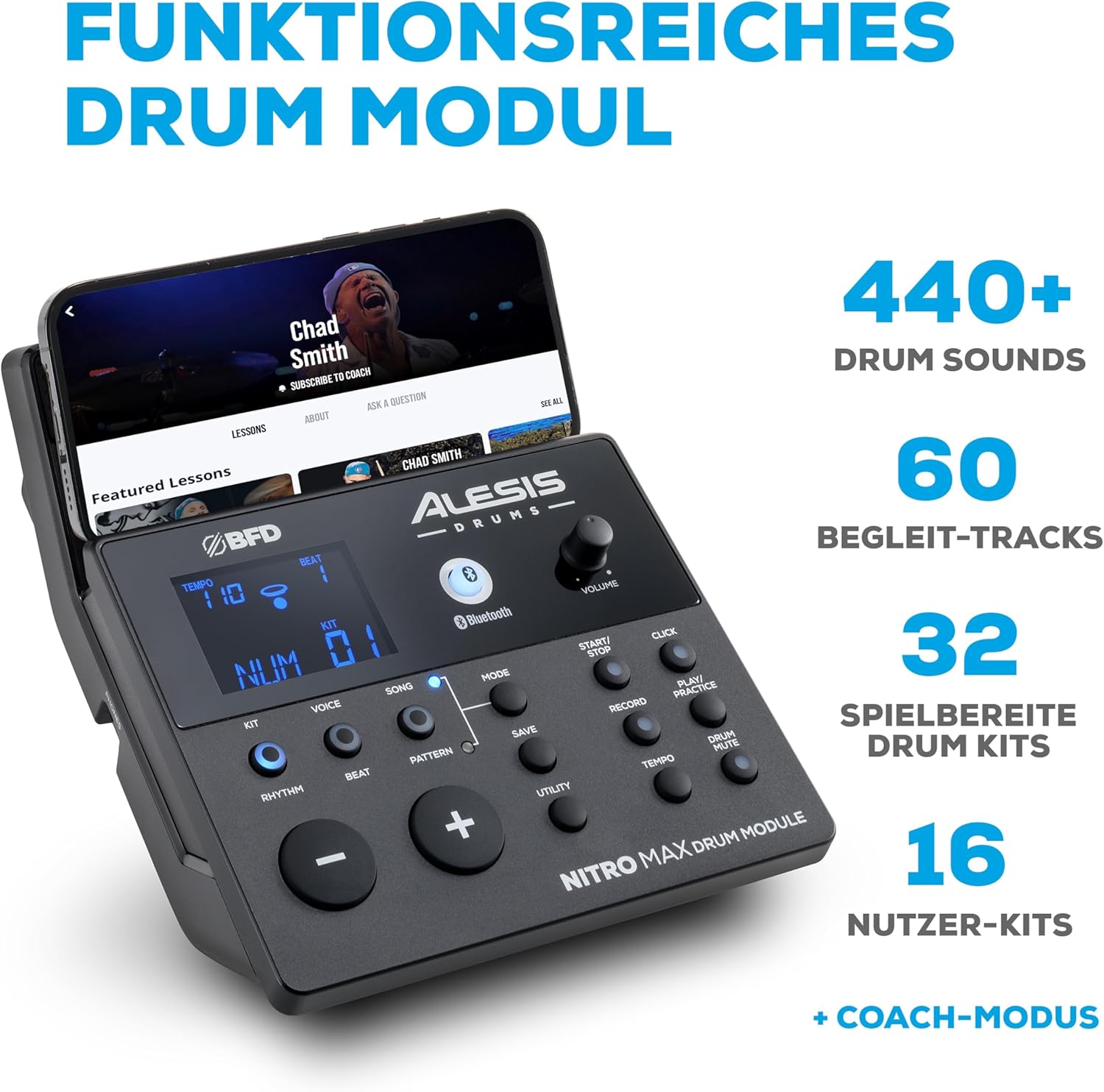 E-Drum Set 8-teilig Nitro Max Kit 10 Zoll Dual-Zone Snare Mesh Pads Bluetooth USB MIDI 440+ Sounds