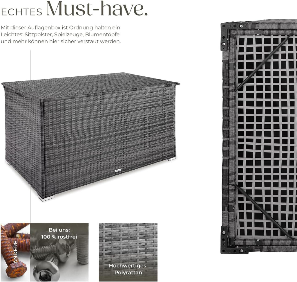 Garten Aufbewahrungsbox 404245 aus Polyrattan und Aluminium 750 L wetterfest UV-beständig 145 x 82,5 x 79,5 cm mit Gasdruckfedern