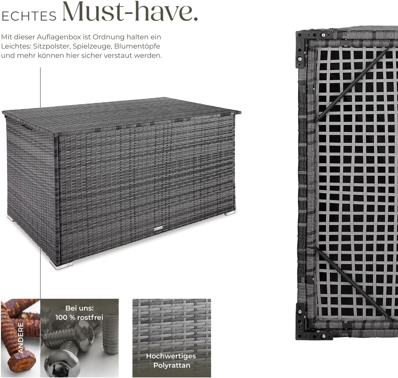 Garten Aufbewahrungsbox 404245 aus Polyrattan und Aluminium 750 L wetterfest UV-beständig 145 x 82,5 x 79,5 cm mit Gasdruckfedern