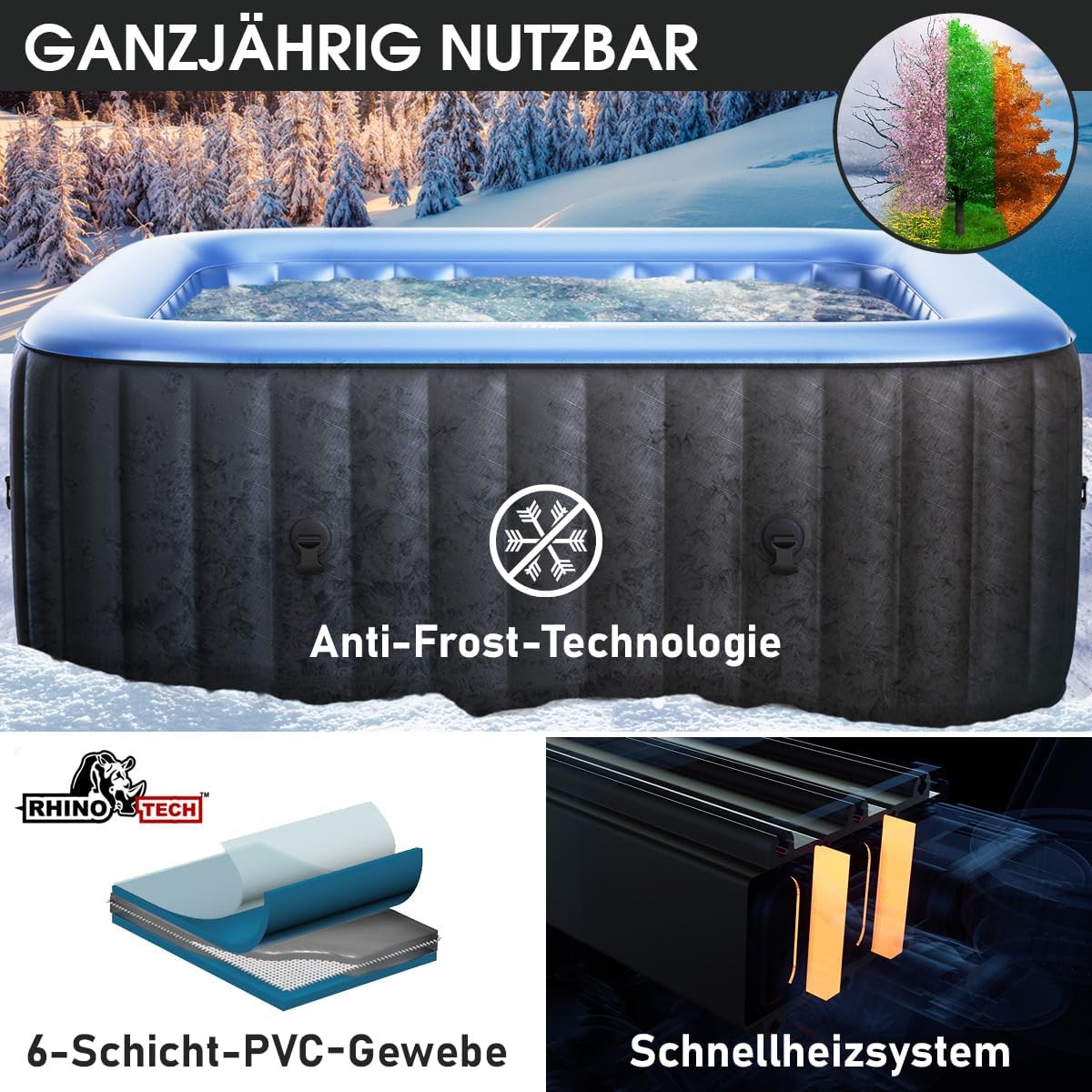 Aufblasbarer Whirlpool 6 Personen 185x185cm Tekapo C-TE062 132 Massagedüsen Spa Pool mit Heizung und Energiespar Timer