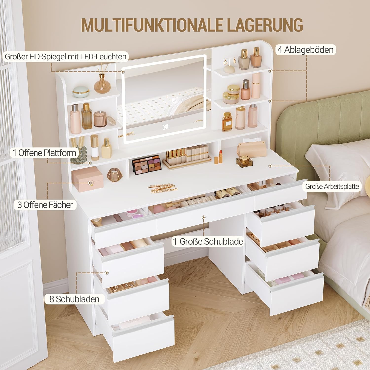 Schminktisch mit LED Spiegel DT41903W 108 x 40 x 140 cm 9 Schubladen 3 Lichtfarben mit Stauraum