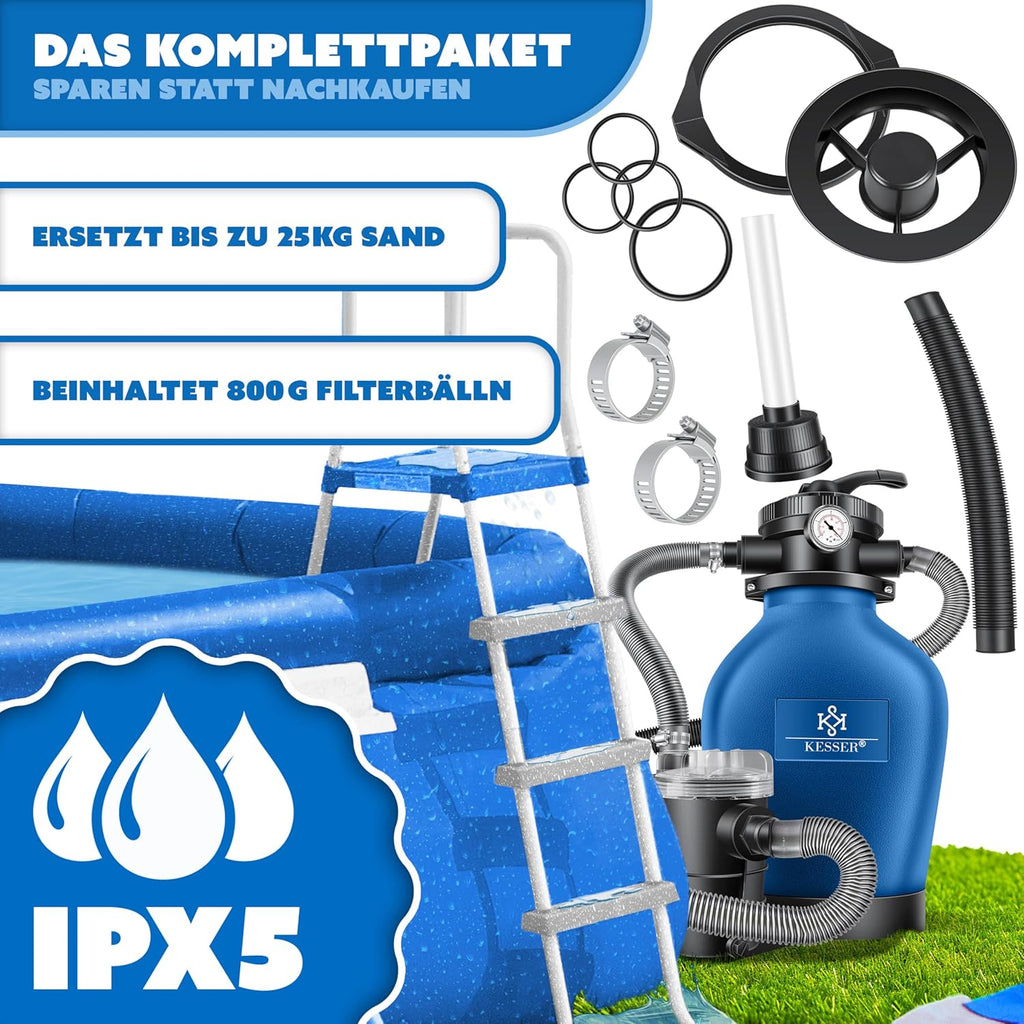 Pool Sandfilteranlage 10200 l/h 400 W mit 7-Wege-Ventil Filterbällen und Wettercover für Pools bis 60000 L