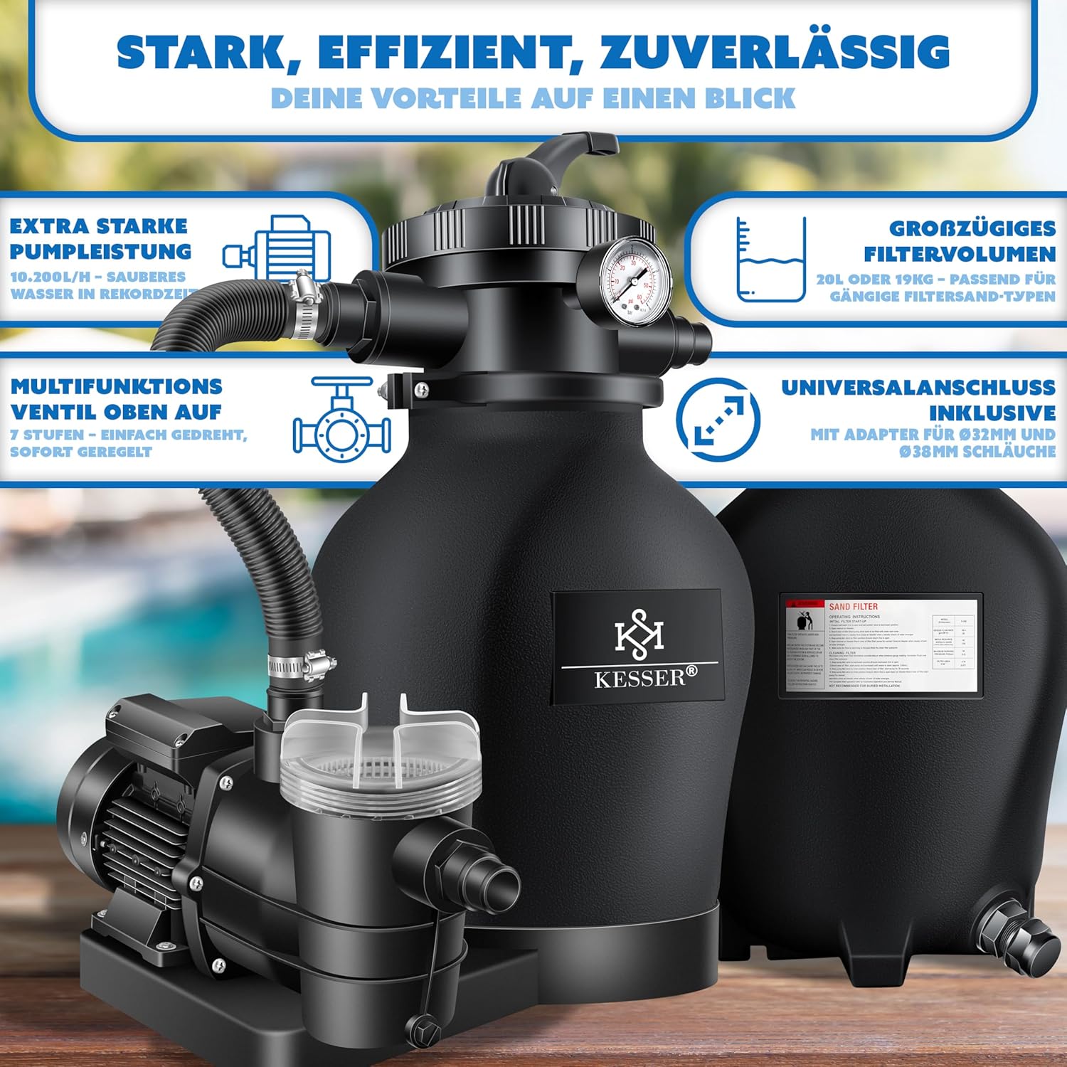Sandfilteranlage Poolfilter 10200 l/h 400 W 20 L Tank 7 Wege Ventil mit Druckanzeige für Pools bis 60000 L Adapter Ø32–38 mm und Abdeckhaube