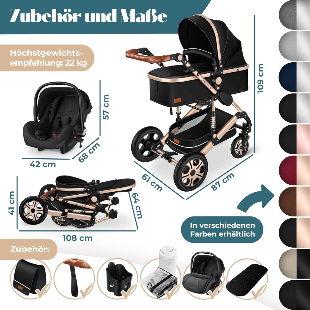 Kinderwagen 4 in 1 Kombi Set mit Babywanne Buggy und Autositz ECE R129 Aluminium Rahmen Luftreifen faltbar Schwarz Champagne