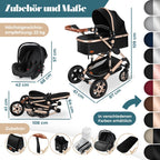 Kinderwagen 4 in 1 Kombi Set mit Babywanne Buggy und Autositz ECE R129 Aluminium Rahmen Luftreifen faltbar Schwarz Champagne